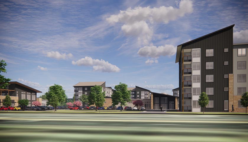 Modern multifamily residential complex with landscaped grounds and contemporary architecture in an investment property development.