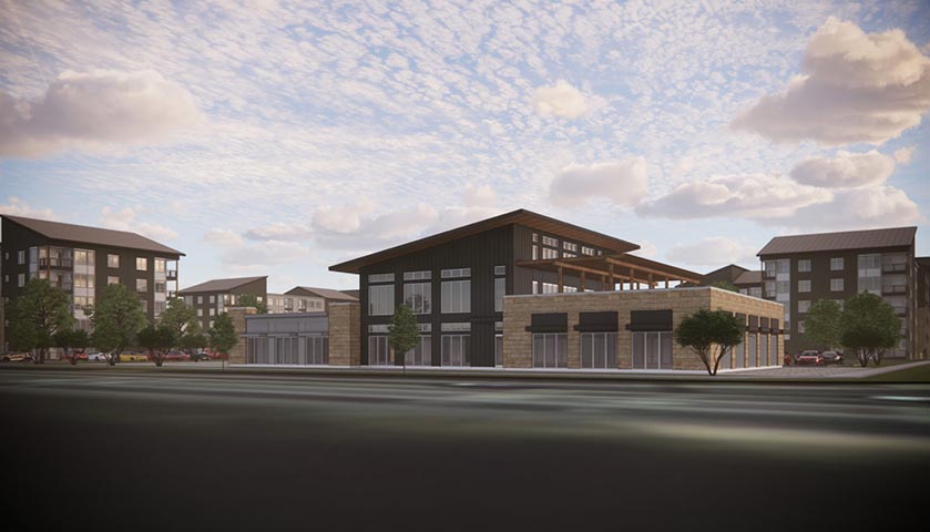 Modern multifamily development rendering with mixed-use buildings and street-level retail space.