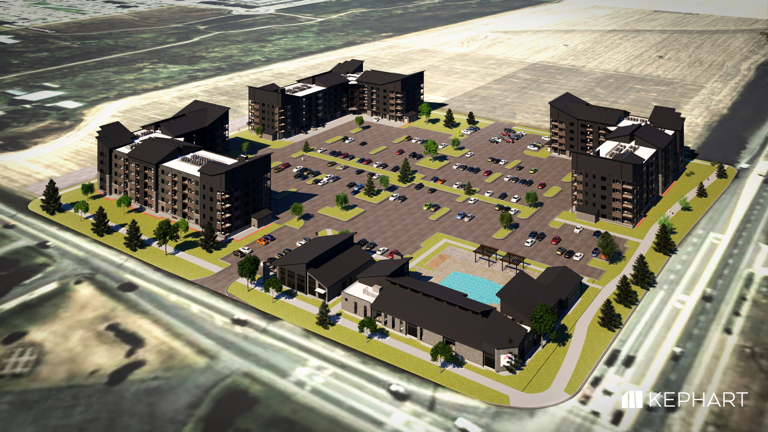 A bird’s-eye view of a U-shaped apartment complex with multiple dark buildings surrounding a large central parking lot and green landscaping, plus a pool area at one corner.